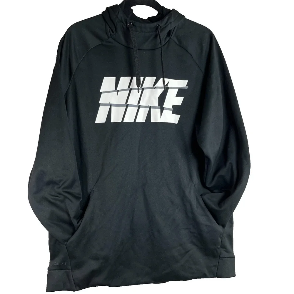 NIKE Dri Fit Sz XL Black Big Logo Pullover Hoodie Lightweight Basketball